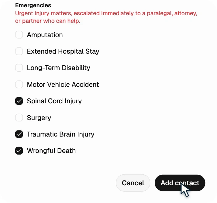 Selecting Avery Chen and checking Spinal Cord Injury, Traumatic Brain Injury, and Wrongful Death for after-hours calls.
