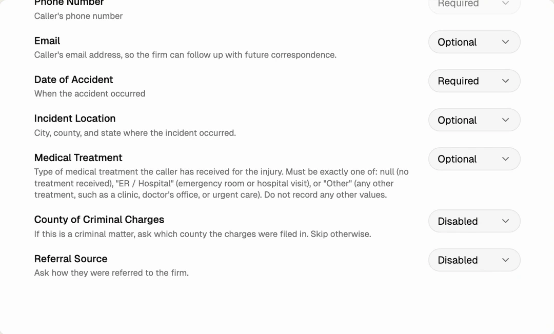 Setting Date of Accident to Required, Email to Optional, and Referral Source to Disabled.