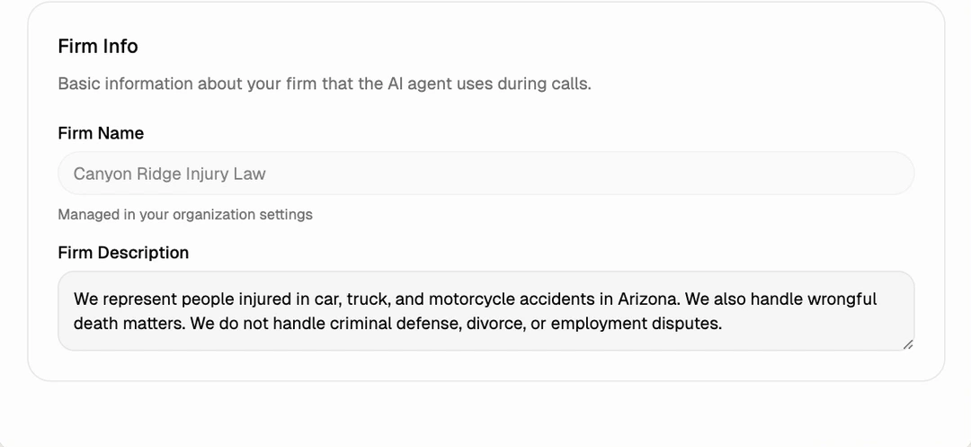 Typing Canyon Ridge’s practice description, then clicking Save.