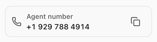 Example Agent number card showing a test agent's phone number and a copy button.